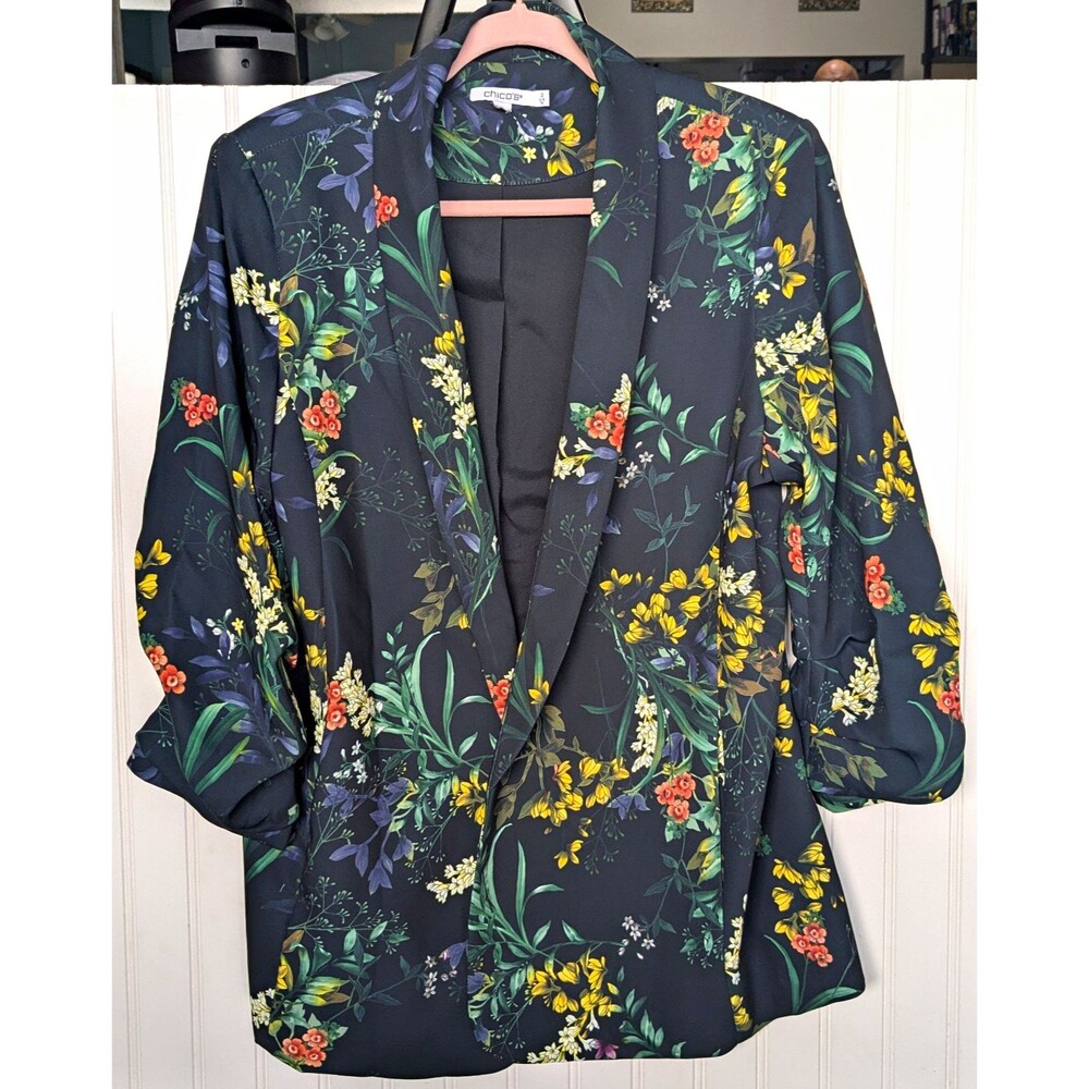 Chico's Women's 2 (12)Black Floral Open Front Ruched 3/4 Sleeve Lined Jacket